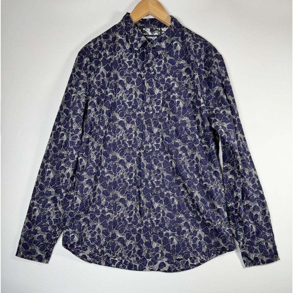 Desigual Man David Shirt Medium Blue‎ Abstract Face Print Slim Fit Cotton Artsy